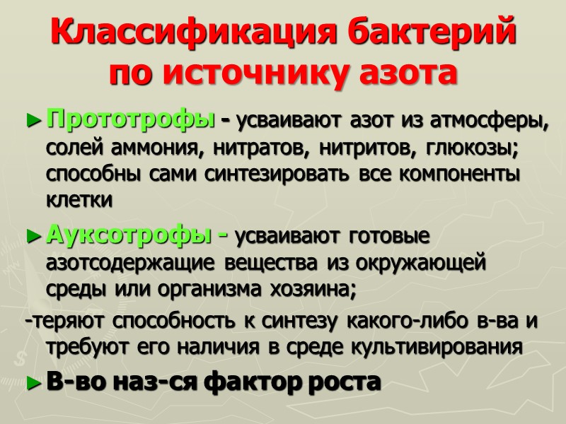 Классификация бактерий по источнику азота Прототрофы - усваивают азот из атмосферы, солей аммония, нитратов,